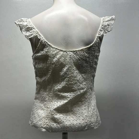 Joie Tank Top Blouse Lace Eyelet Sleeveless Floral V-Neck Ruffle Trim White 2 - Picture 6 of 12